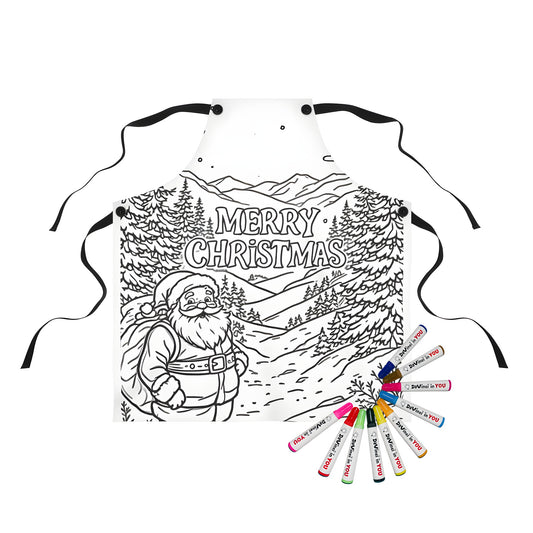 Apron with festive holiday coloring page design featuring a jolly Kris Kringle, Saint Nick, Father Christmas, and merry Christmas message, surrounded by snowy forest and pine trees