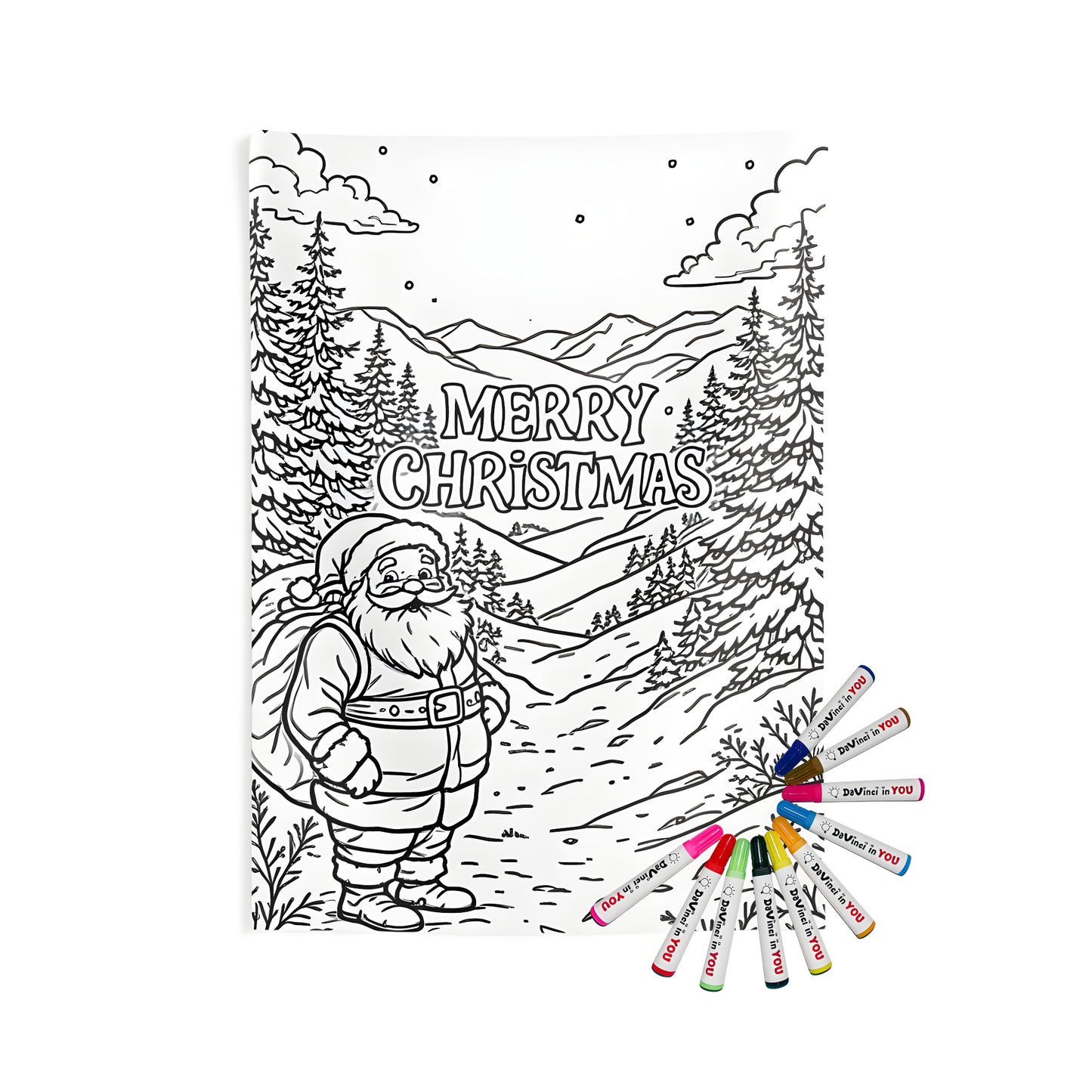Indoor wall tapestry with a festive coloring page of Saint Nicholas, Kris Kringle, or Father Christmas, set against a snowy forest backdrop.