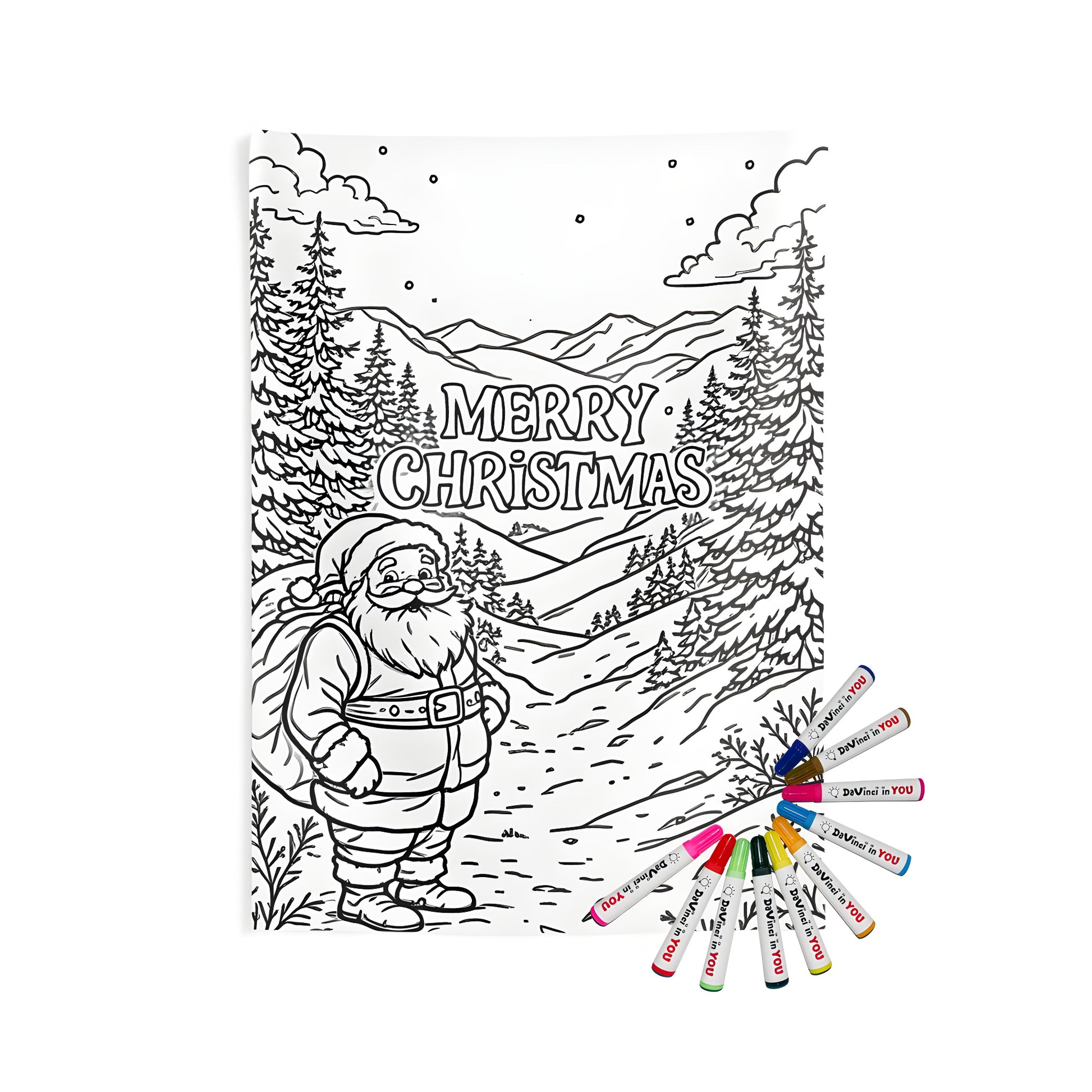 Indoor wall tapestry with a festive coloring page of Saint Nicholas, Kris Kringle, or Father Christmas, set against a snowy forest backdrop.