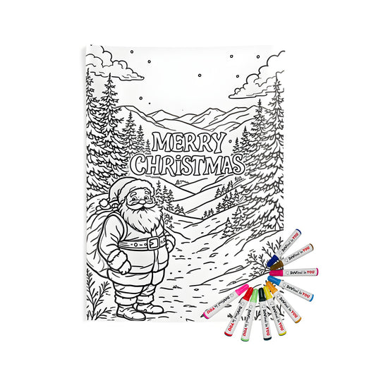 Indoor wall tapestry with a festive coloring page of Saint Nicholas, Kris Kringle, or Father Christmas, set against a snowy forest backdrop.