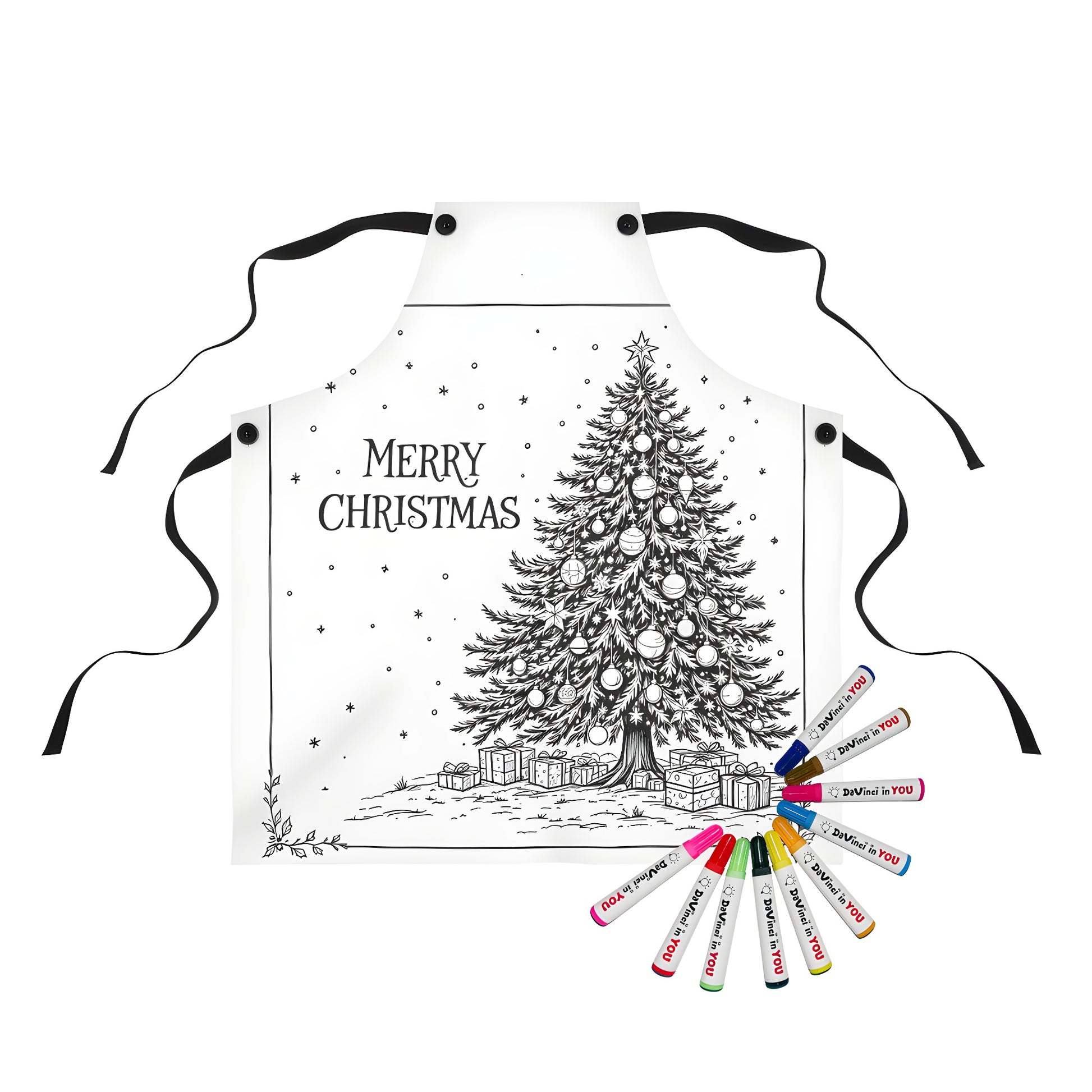 Apron featuring a festive holiday tree design, surrounded by gifts and set against a snowy backdrop, perfect for the winter season