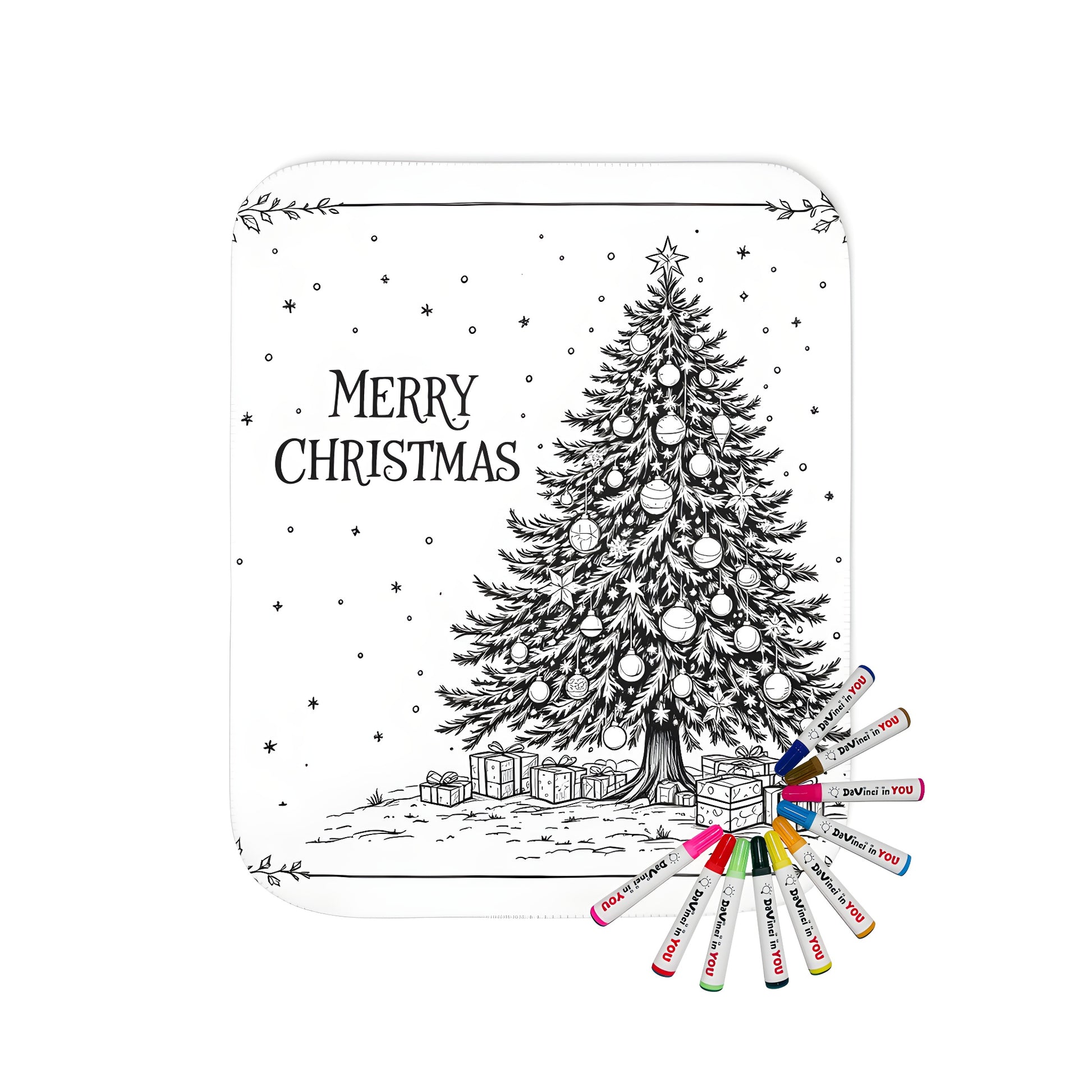 Christmas tree blanket, beautifully decorated with gifts, set in a snowy scene and featuring 'Merry Christmas' text. Perfectly themed for winter and the holiday season.