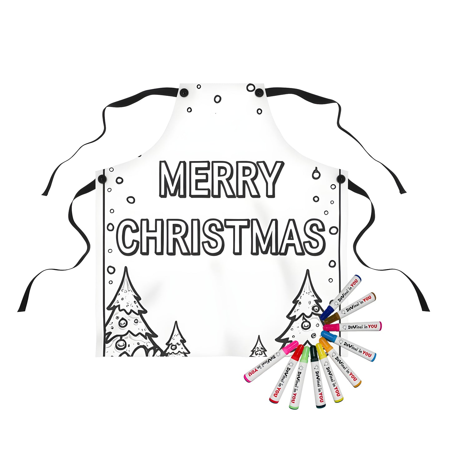Aprons with festive coloring pages designs of Christmas trees and snowflakes. Perfect for holiday-themed activities