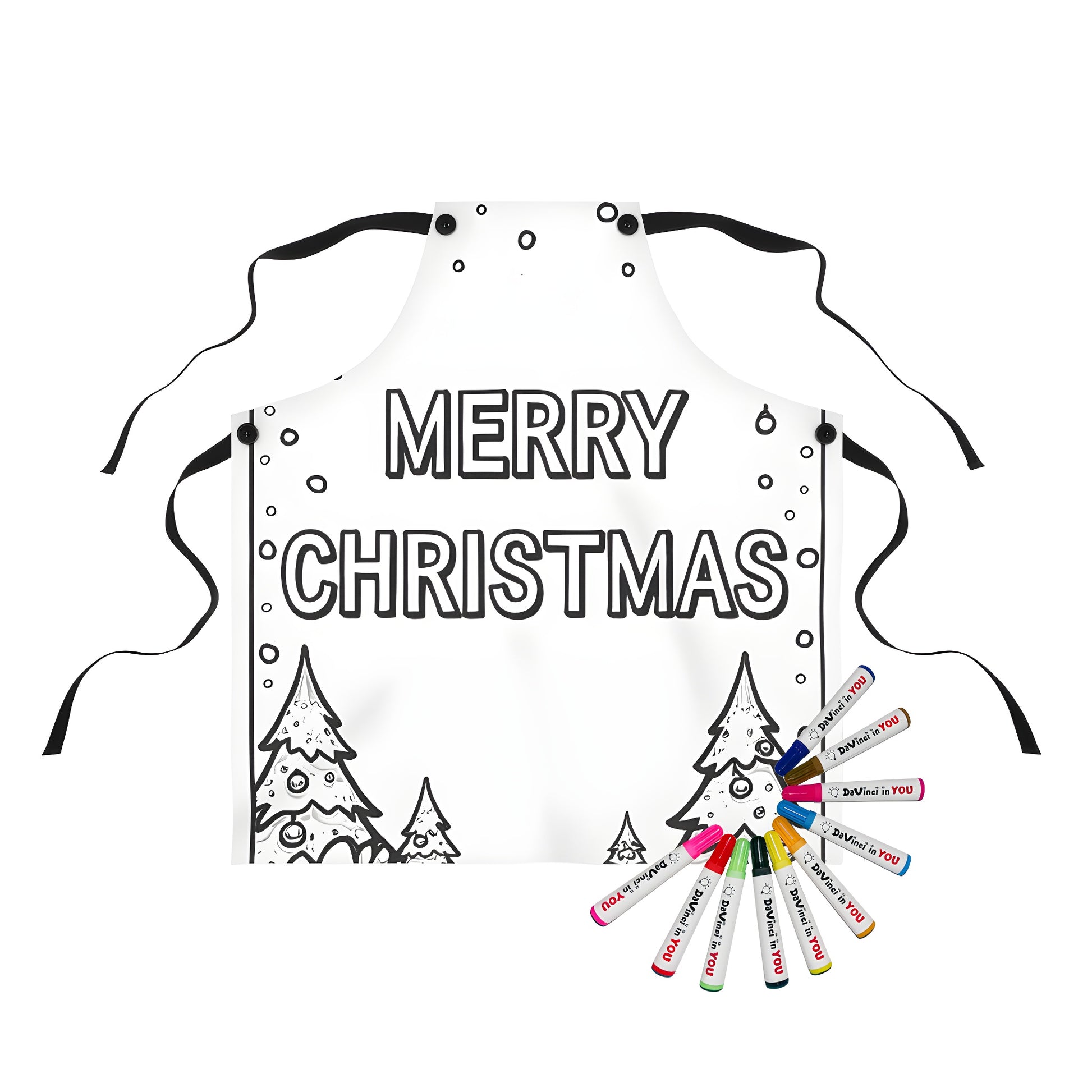 Aprons with festive coloring pages designs of Christmas trees and snowflakes. Perfect for holiday-themed activities