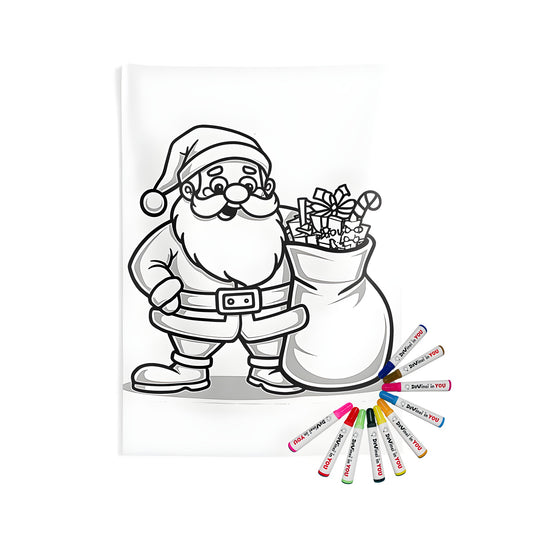 Indoor wall tapestries with festive coloring kit for adults featuring a cheerful Christmas scene of Saint Nick, Kris Kringle, or Father Christmas with gifts and candy canes