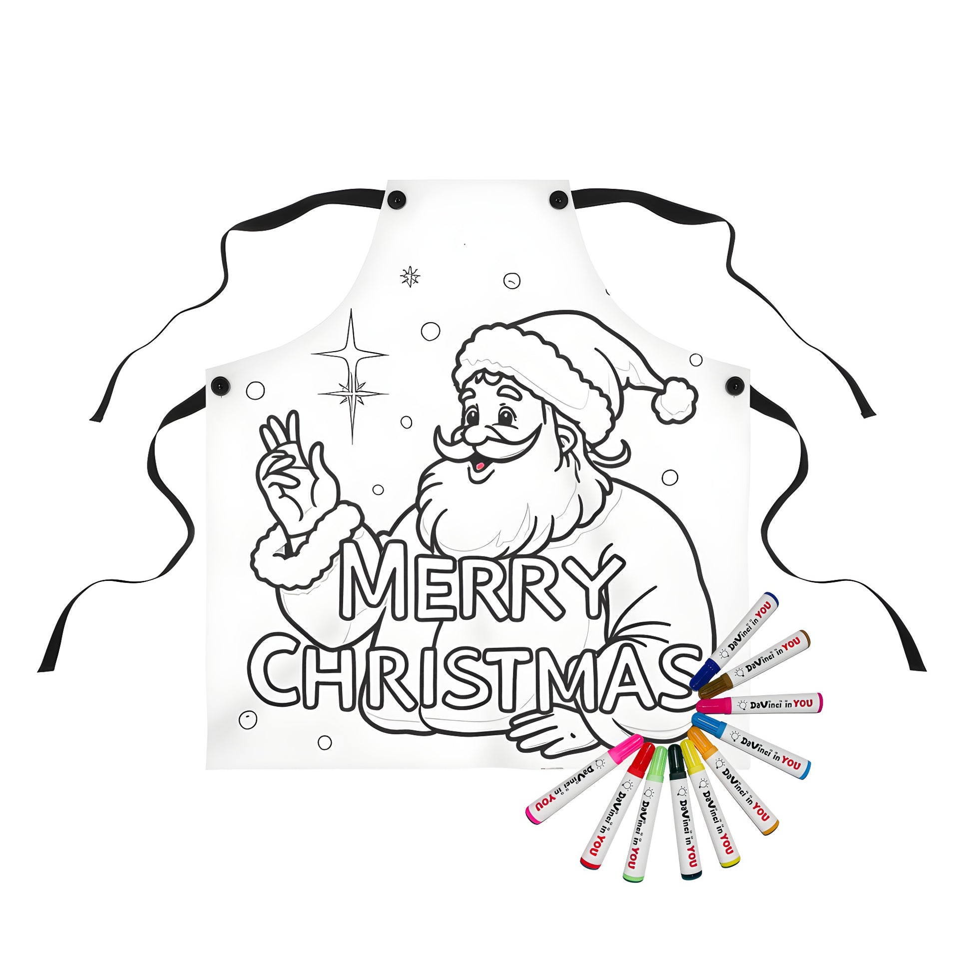 Apron featuring a fun coloring page design of a smiling Kris Kringle, Saint Nicholas, Father Christmas, or Sinterklaas with stars and snowflakes, and the words 'Merry Christmas' in bold