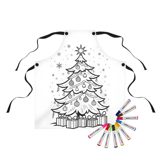 Apron with festive holiday Christmas tree and ornaments design