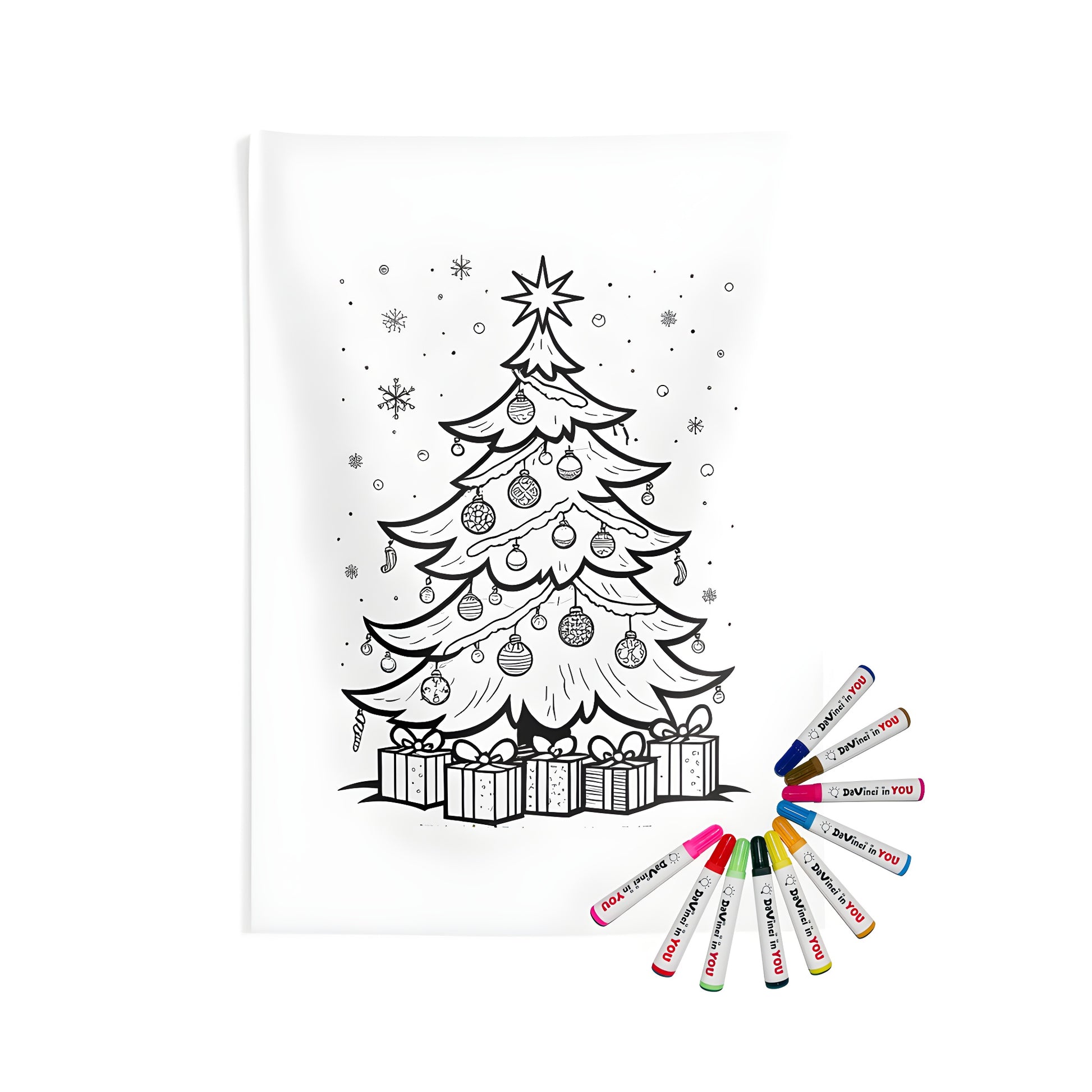 Decorative indoor wall tapestry featuring a festive holiday scene with a Christmas tree design, ornaments, gifts, and snowflakes