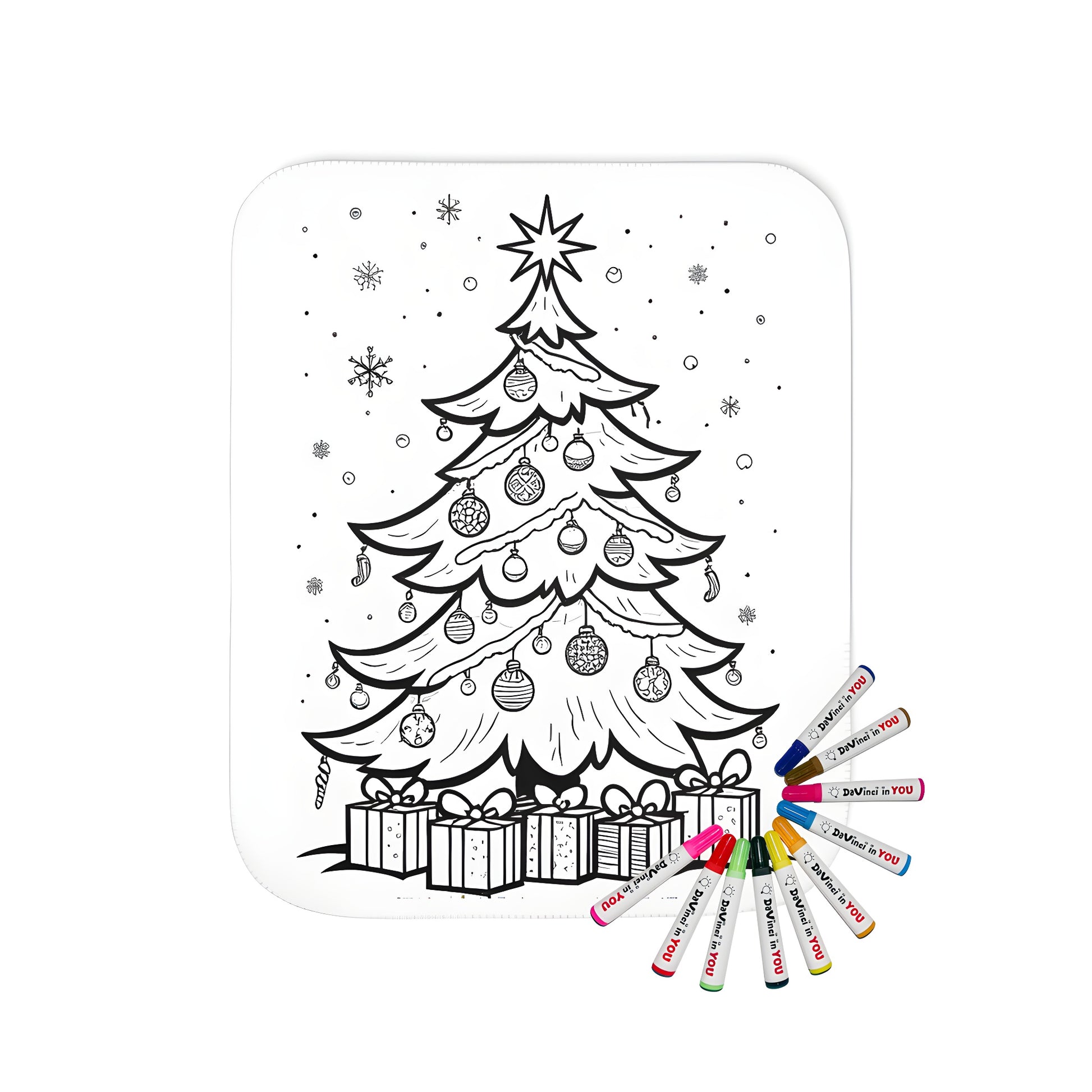 Blankets with festive Christmas tree designs, ornament decorations, and snowy backgrounds