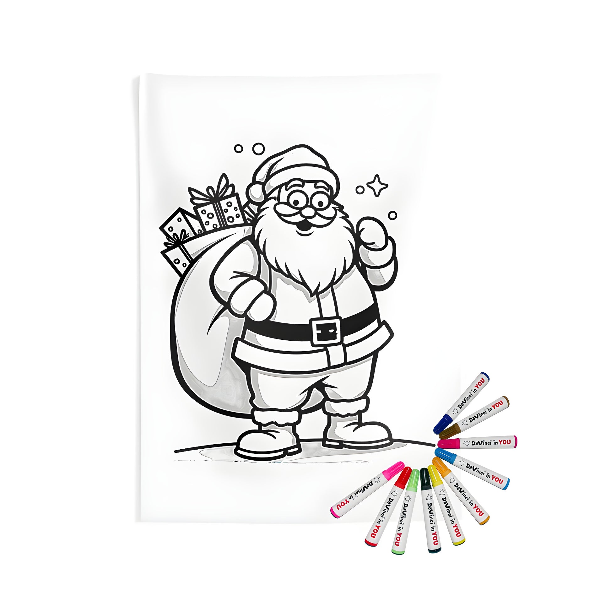 Indoor wall tapestry featuring a joyful Santa figurine carrying a large sack of presents, depicted in a playful black and white style. Perfect for Christmas coloring activities.