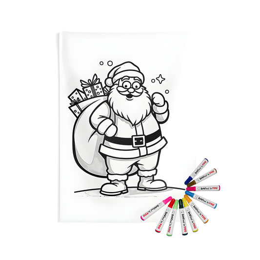 Indoor wall tapestry featuring a joyful Santa figurine carrying a large sack of presents, depicted in a playful black and white style. Perfect for Christmas coloring activities.