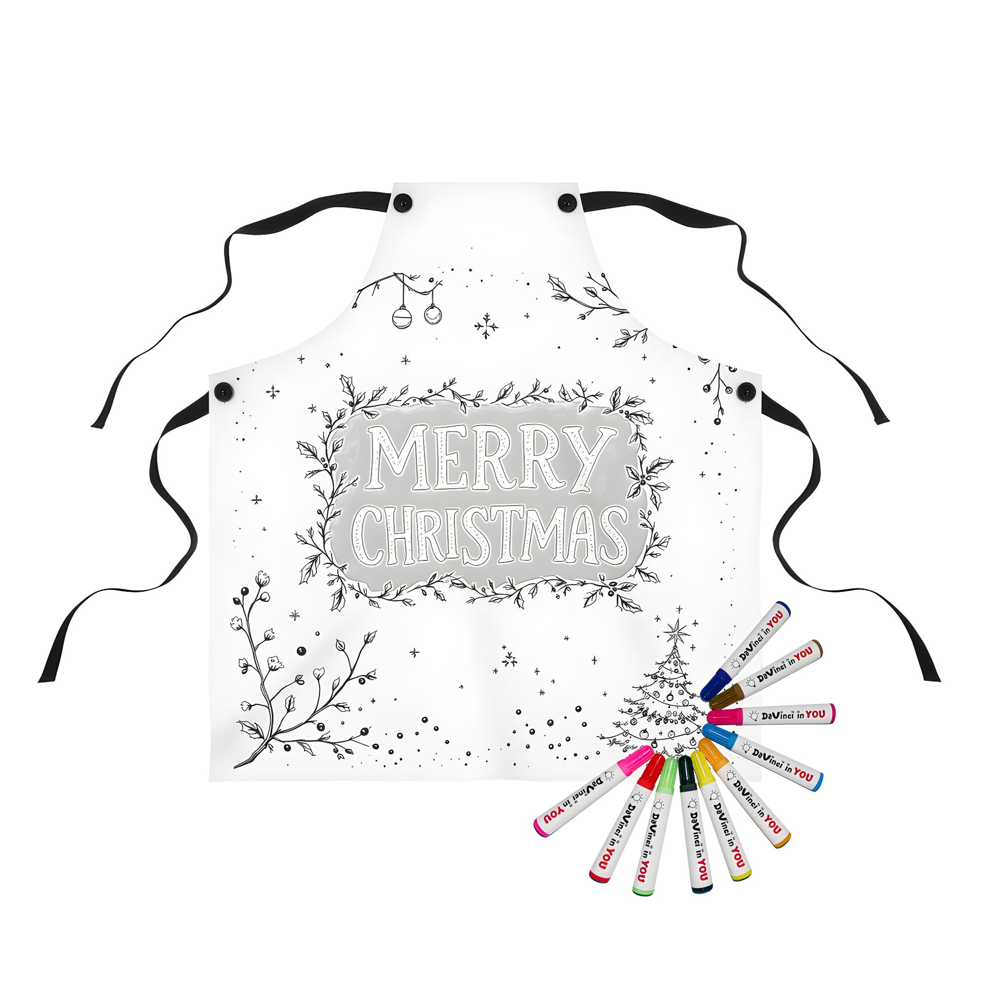 Festive apron with a merry Christmas design, holiday decorations, and a fun coloring page aesthetic