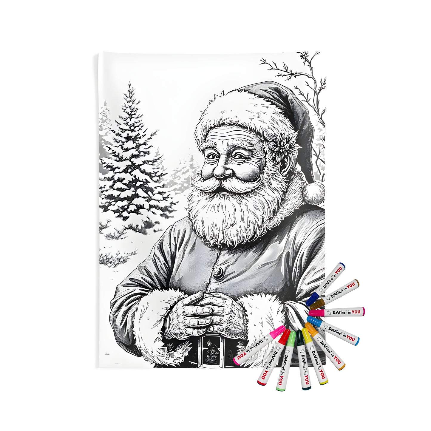 A detailed black and white illustration of Santa Claus standing in a snowy forest, wearing his classic attire with fluffy trim, printed on an indoor wall tapestry. Includes 10 fabric markers for coloring.