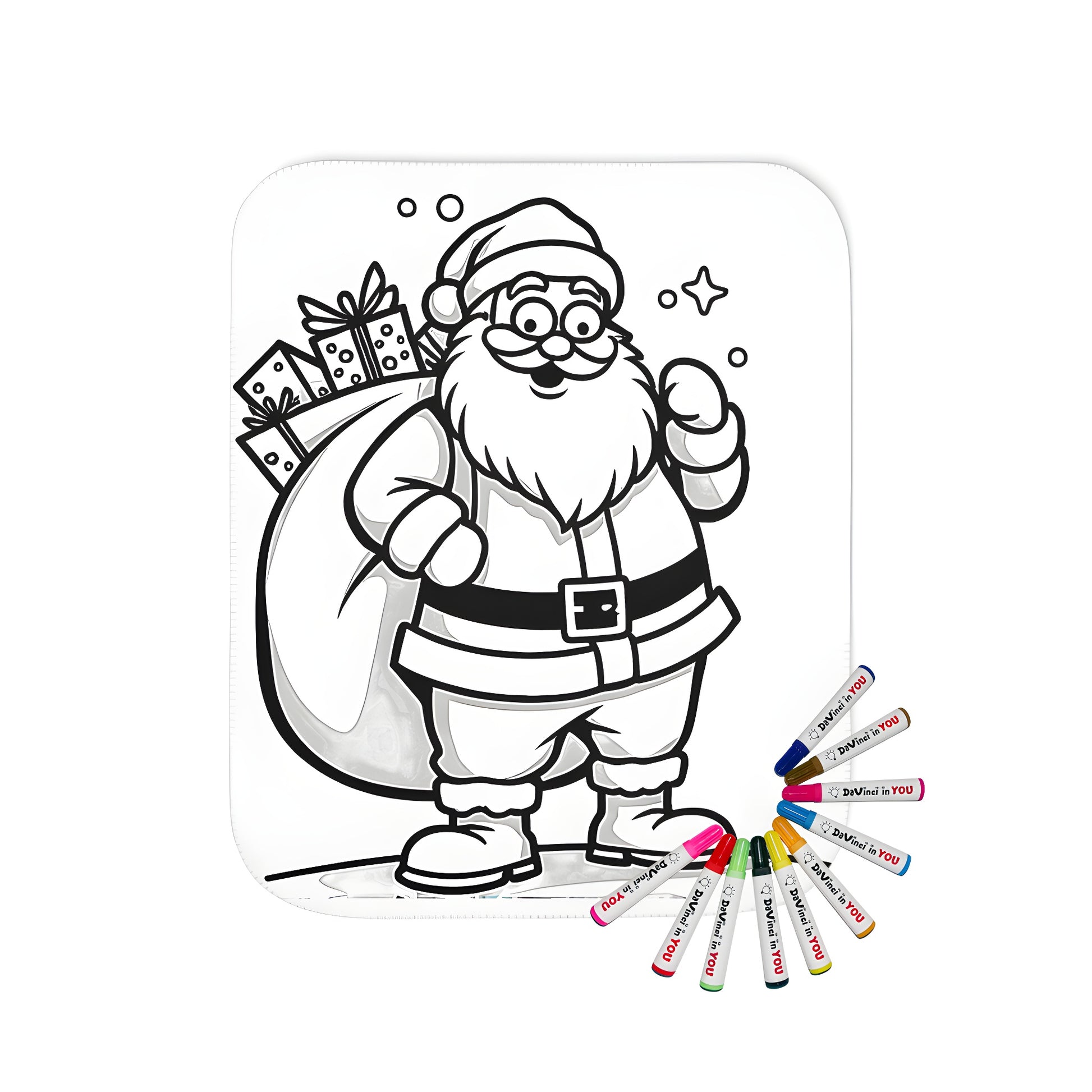 A joyful Santa Claus character figurine on a cozy blanket for festive home decor and holiday coloring activities, perfect for Christmas enthusiasts and families. Includes 10 fabric markers for creative expression and fun with the whole family.