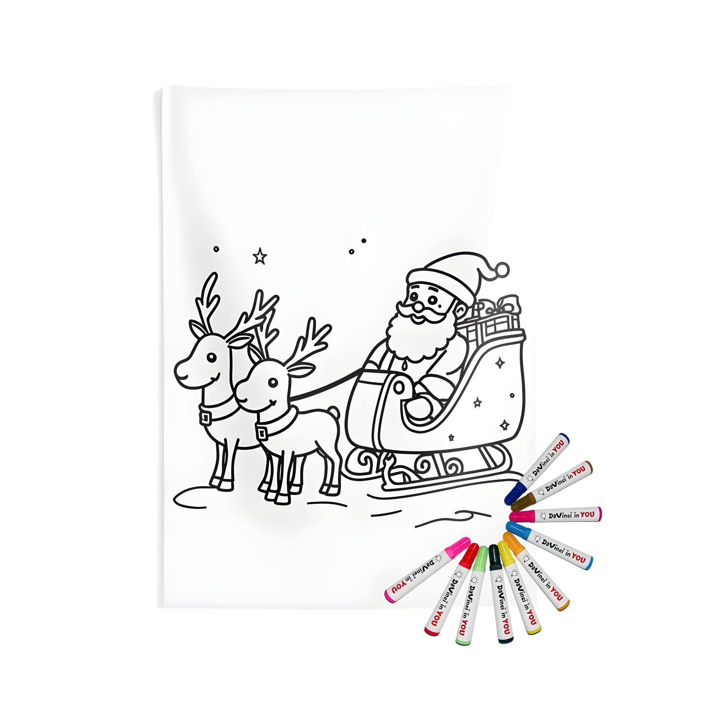 Festive indoor wall tapestry with Santa Claus, elves, and reindeer inspired design, perfect for Christmas decor. Includes a coloring kit with 10 vibrant fabric markers.