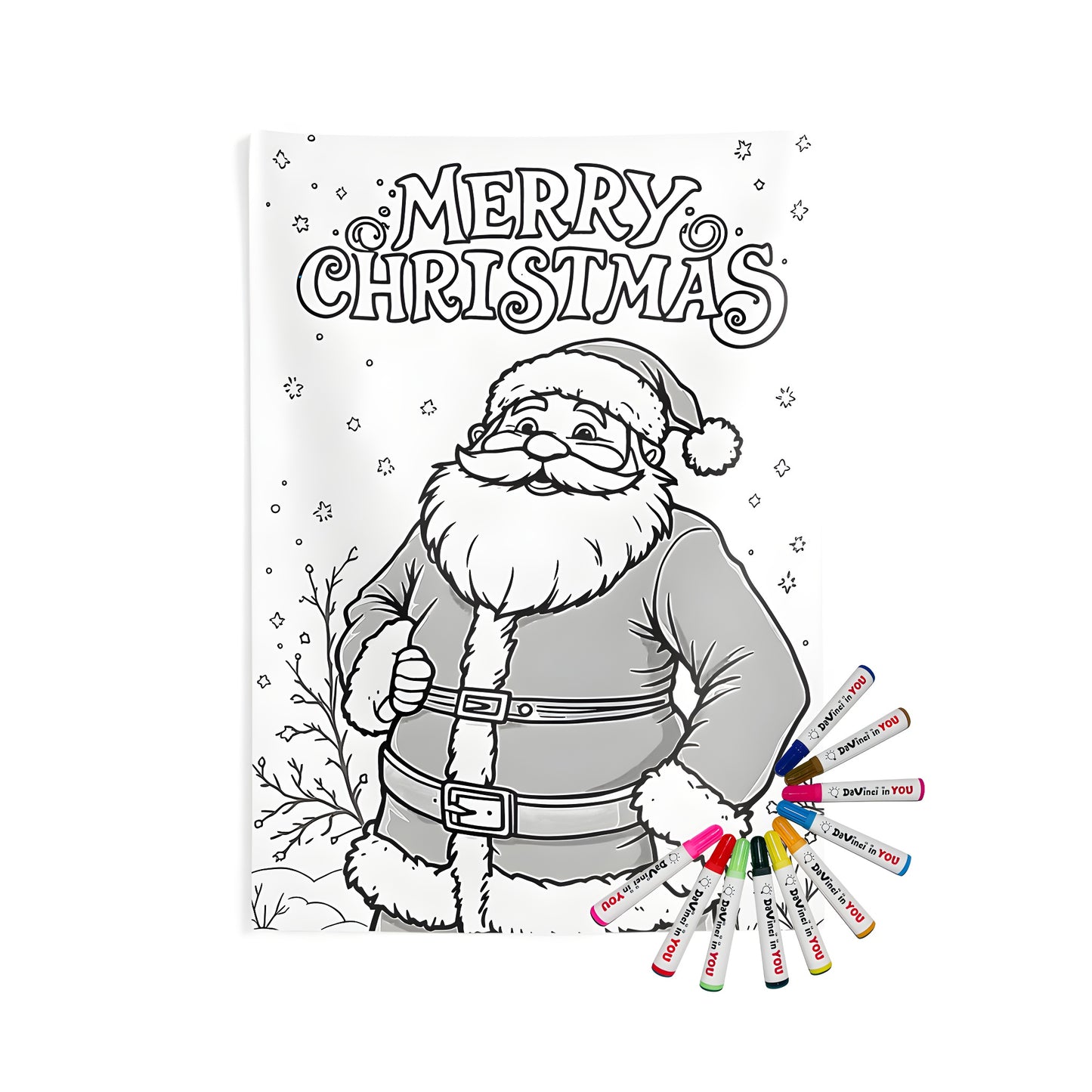 Vintage-style Christmas wall hanging featuring a black and white drawing of Father Christmas smiling, with festive holiday decor