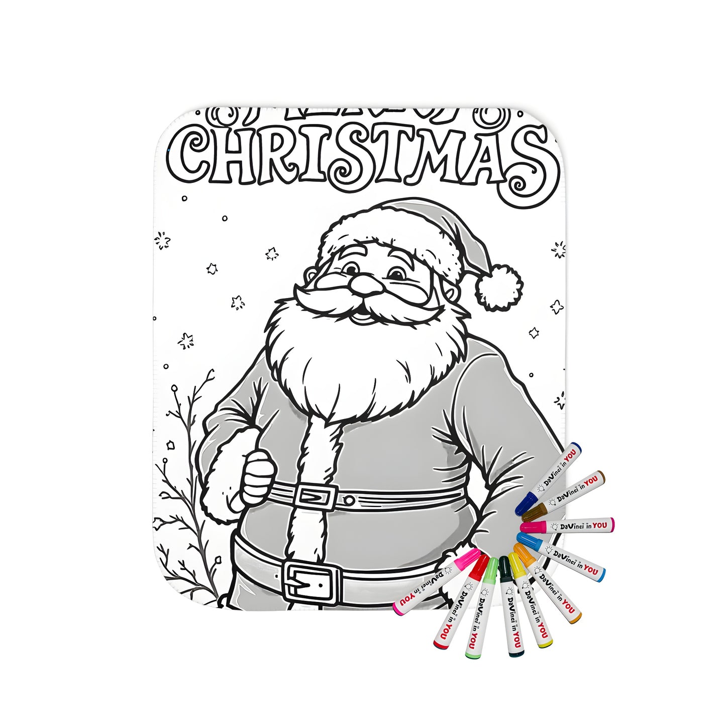 A cozy blanket featuring a festive black and white drawing of Saint Nick, Kris Kringle, or Father Christmas smiling, with the words 'Merry Christmas' above him in a joyful design.