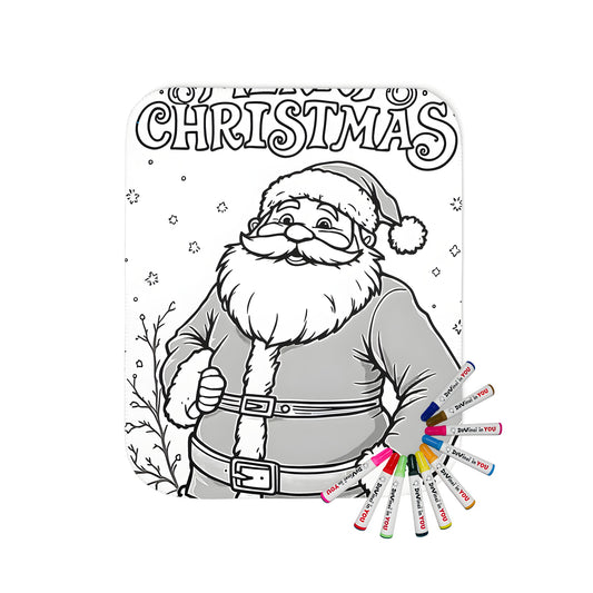 A cozy blanket featuring a festive black and white drawing of Saint Nick, Kris Kringle, or Father Christmas smiling, with the words 'Merry Christmas' above him in a joyful design.