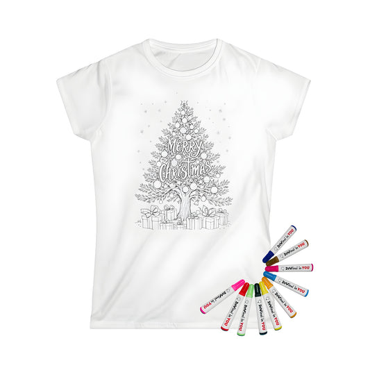 Women's holiday tee with an illustration of a festive evergreen fir tree surrounded by ornaments and gifts, conveying a joyful Merry Christmas message.