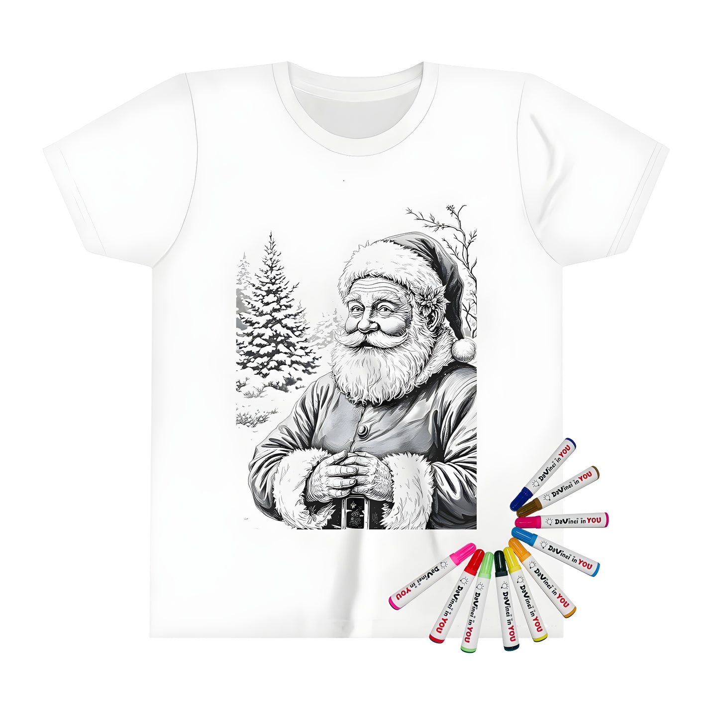 A fun and colorful kid's t-shirt featuring a festive illustration of Saint Nicholas or Kris Kringle in a snowy landscape.