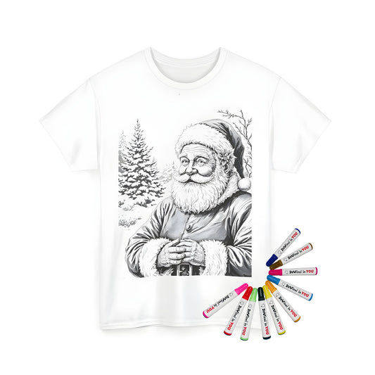 Detailed illustration of Kris Kringle on a unisex t-shirt, set against a snowy forest background