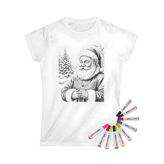 Women's t-shirt featuring a fun coloring page design of Father Christmas, Saint Nick, Kris Kringle, and Santa Claus standing in a snowy forest, wearing his classic attire with fluffy trim.