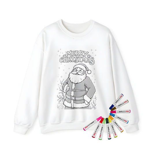 Adult sweatshirt featuring a fun coloring page design of Kris Kringle, Father Christmas, and St. Nicholas smiling, with the words 'Merry Christmas' above him in a festive holiday design