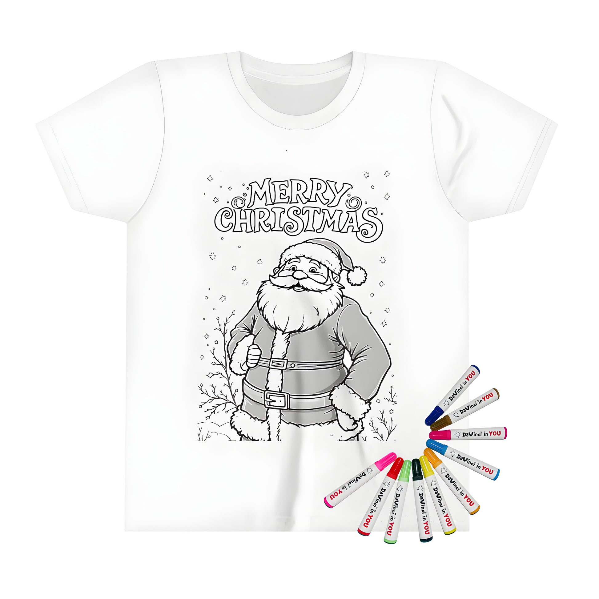 A kid's t-shirt featuring a fun and colorful Christmas design of Santa Claus, Kris Kringle, Saint Nick, Father Christmas, and holly sprigs.