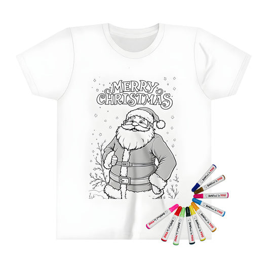 A kid's t-shirt featuring a fun and colorful Christmas design of Santa Claus, Kris Kringle, Saint Nick, Father Christmas, and holly sprigs.