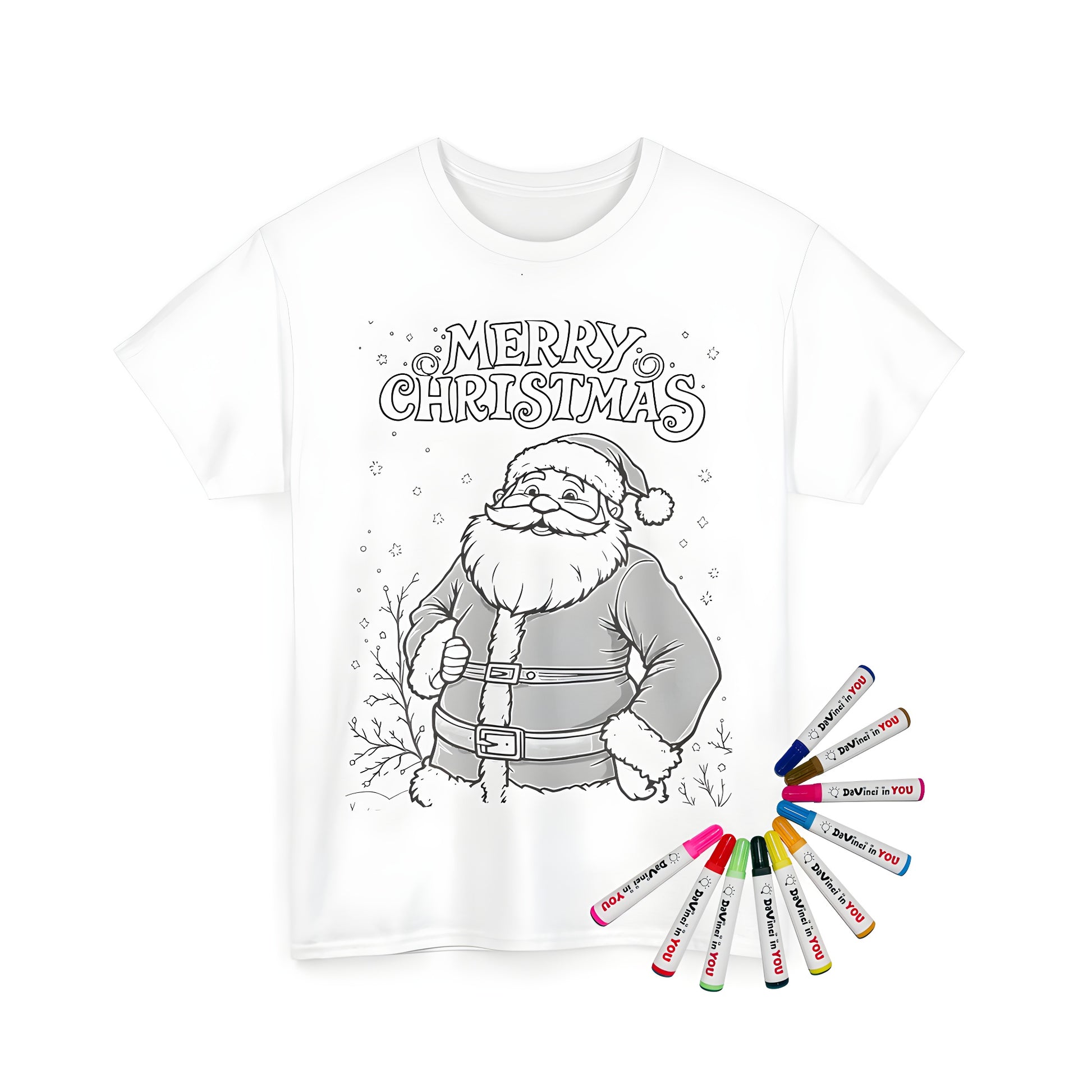 A black and white drawing of Kris Kringle smiling, with the words 'Merry Christmas' above him in a festive design on a Unisex T-shirt