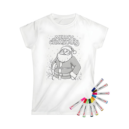 Women's t-shirt featuring a fun and festive design of a smiling Kris Kringle, Father Christmas, or Saint Nick from a black and white coloring page, with the words 'Merry Christmas' above him