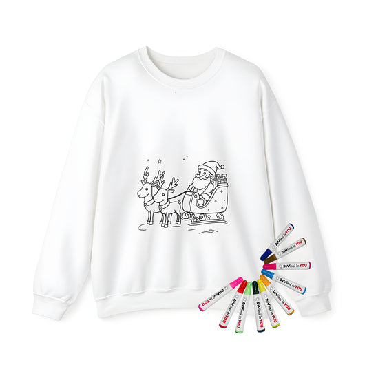 Adult sweatshirts with fun and festive Christmas designs, featuring Saint Nick or Kris Kringle riding reindeer, carrying gifts in the background, amidst snowflakes and twinkling stars