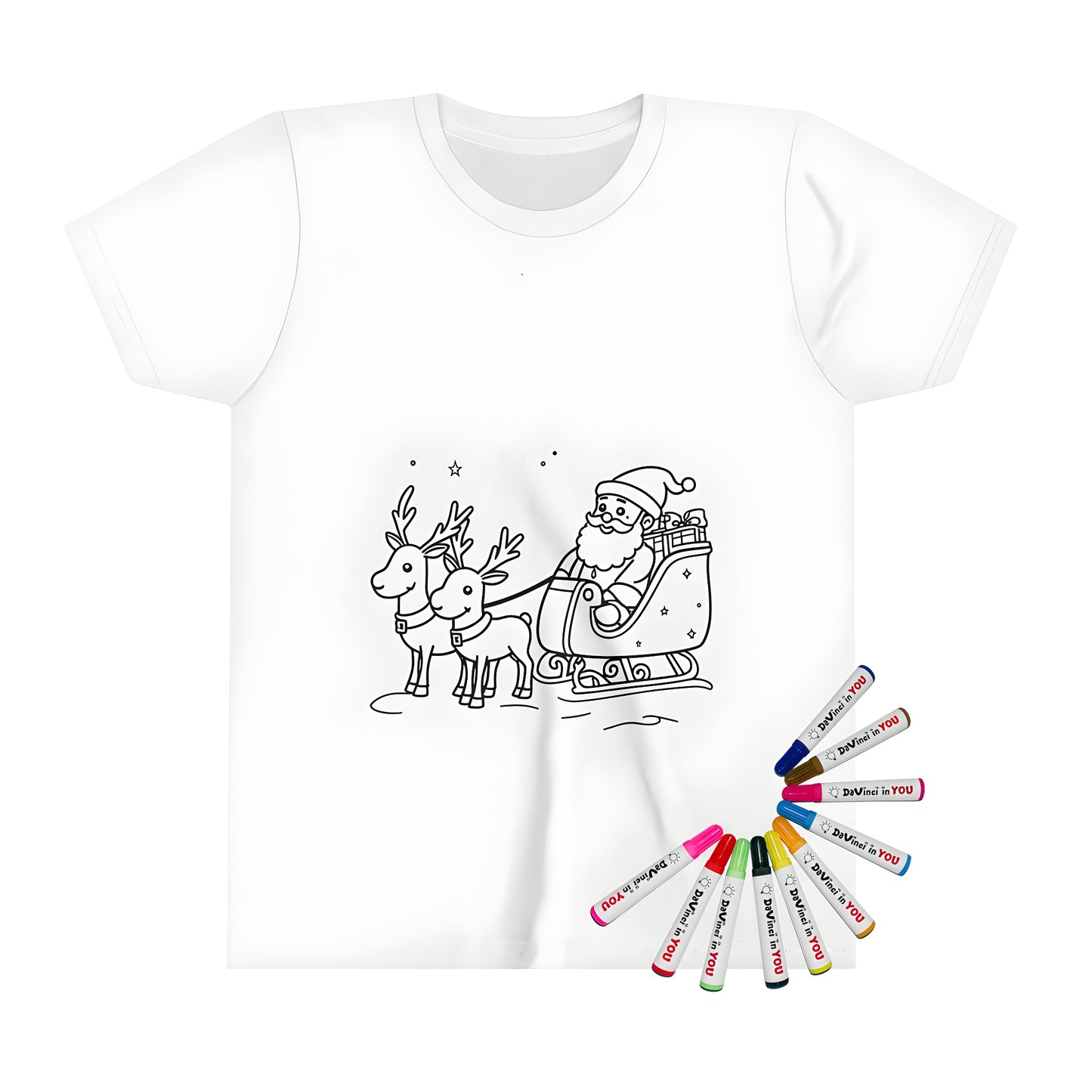 Colorful kid's t-shirt featuring a festive Christmas scene with Saint Nick, reindeer, snowflakes, and stars