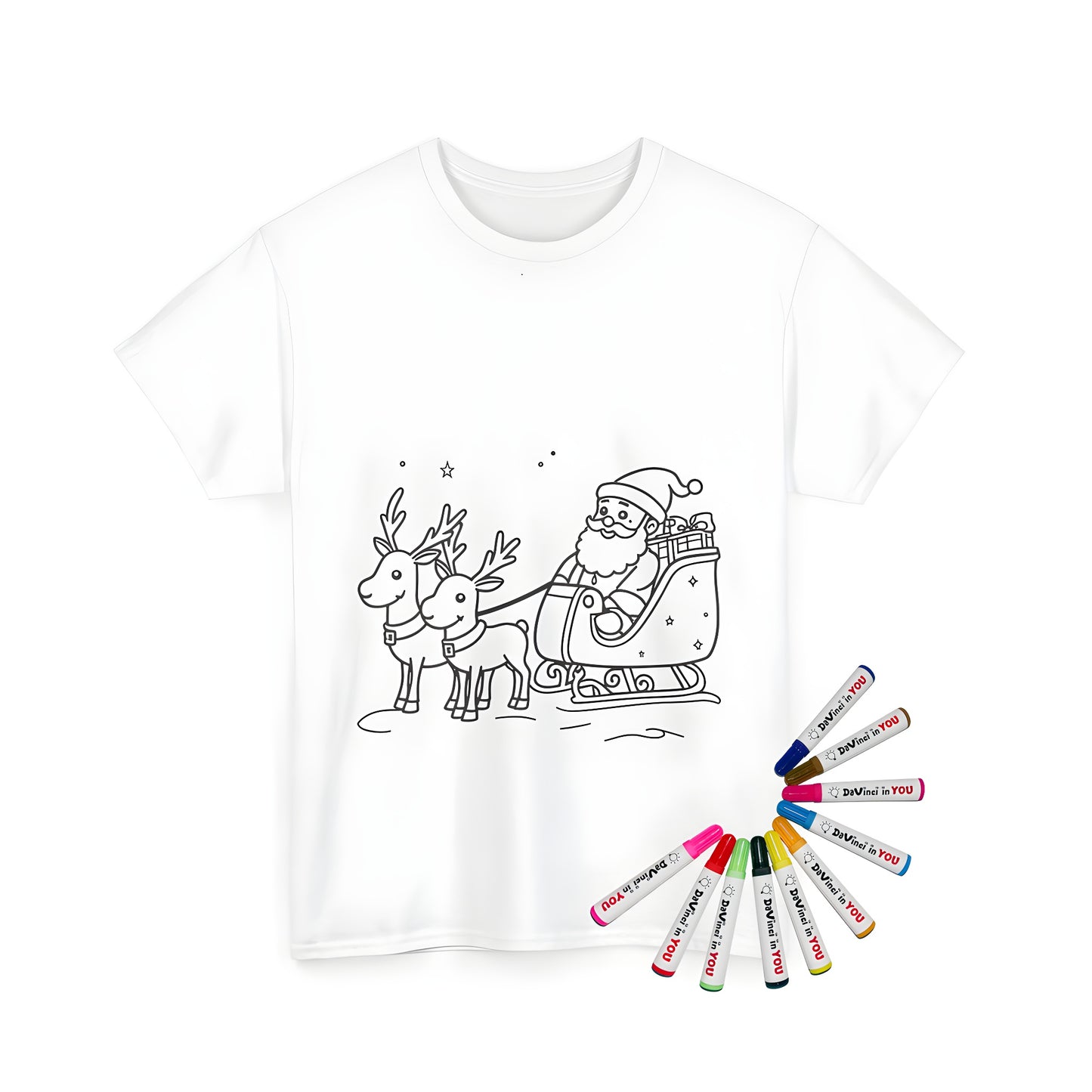 Colorful Santa Claus t-shirt illustration with reindeer and festive holiday scene