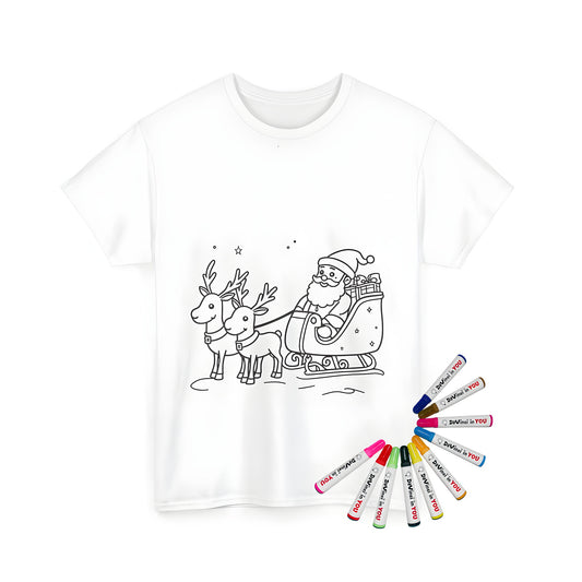 Colorful Santa Claus t-shirt illustration with reindeer and festive holiday scene