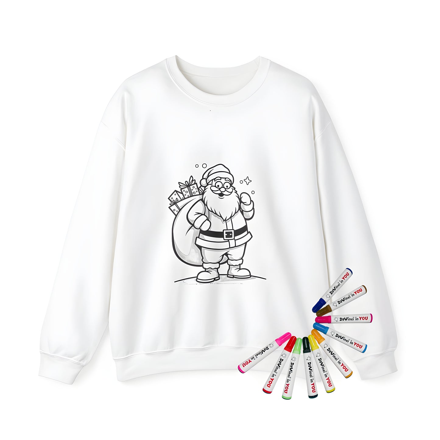 Adult sweatshirt featuring a joyful Santa figure carrying gifts, fun black and white design for coloring enthusiasts, includes 10 fabric markers