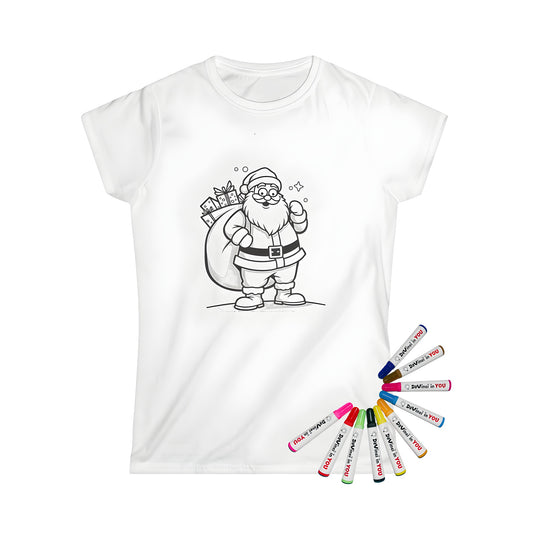 Coloring page design of a joyful Saint Nicholas carrying a large sack of presents on a festive black and white style women's t-shirt