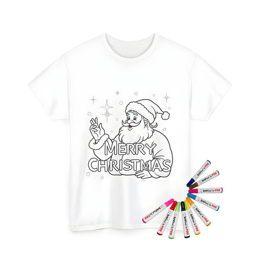 Unisex t-shirt featuring a colorful illustration of Father Christmas, Saint Nick, Kris Kringle smiling with stars and snowflakes, Merry Christmas