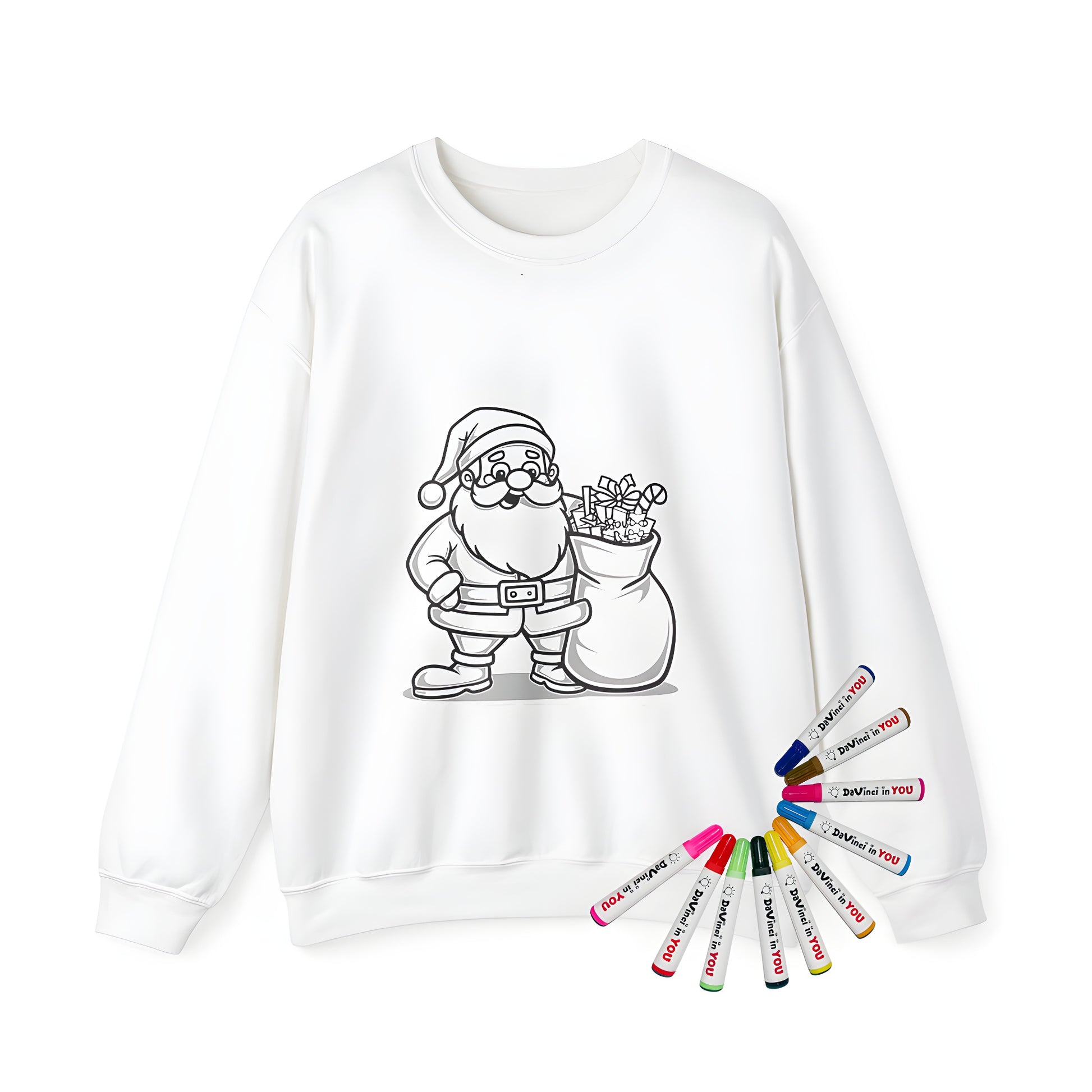 Adult coloring sweatshirt with festive Santa Claus design, featuring smiling Kris Kringle with sack of gifts and candy canes