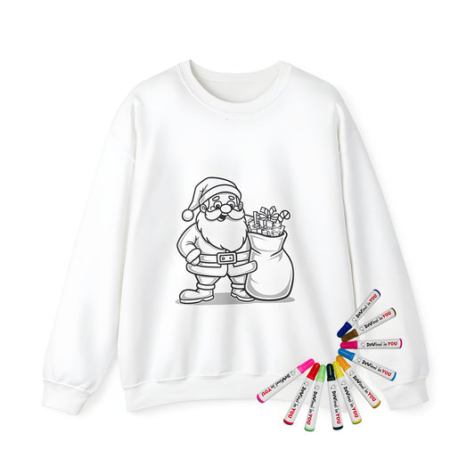 Adult coloring sweatshirt with festive Santa Claus design, featuring smiling Kris Kringle with sack of gifts and candy canes