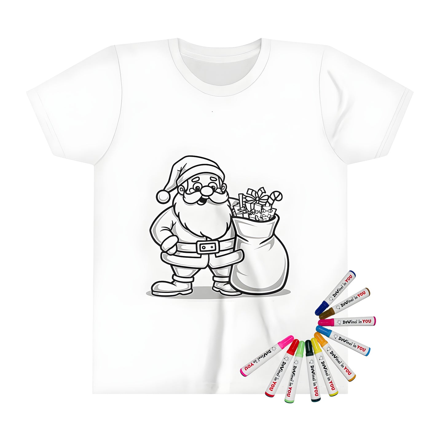 Christmas-themed kids t-shirt featuring a smiling Saint Nicholas, Father Christmas, Kris Kringle illustration