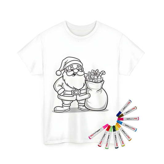 Unisex T-Shirt featuring a festive coloring page of Kris Kringle smiling with a sack filled with gifts and candy canes, perfect for Christmas spirit.