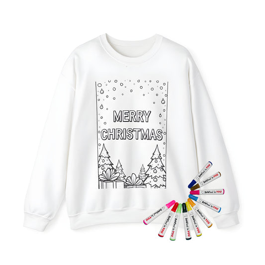 Holiday sweatshirt with festive coloring page design featuring decorated Christmas trees, gifts, and snowflakes