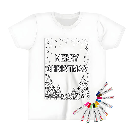 Holiday tee for kids with festive Christmas tree and gift coloring page design