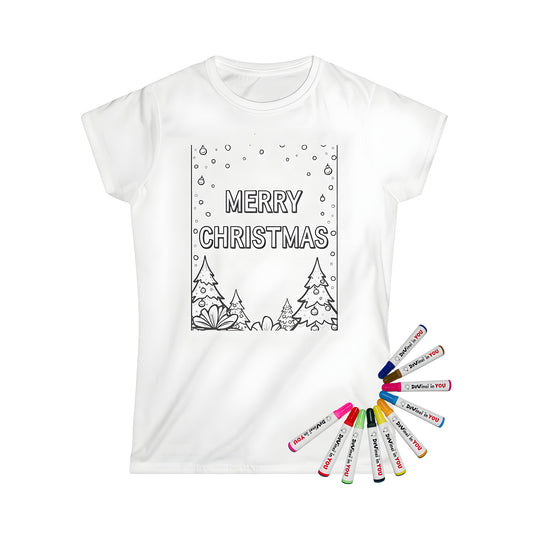 Women's T-shirt with festive Merry Christmas design featuring decorated Christmas trees, gifts, and snowflakes for holiday-themed coloring activities