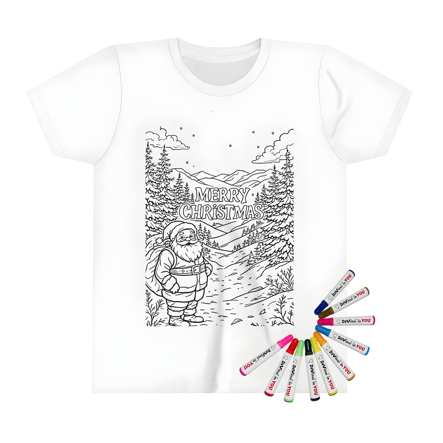 Santa-themed kid's t-shirt, jolly old man in red suit, Christmas gift for boys and girls, merry maker fabric markers included