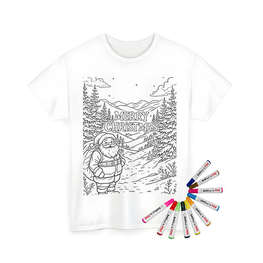 Unisex t-shirt featuring jolly Saint Nick, Kris Kringle, Father Christmas coloring kit with fabric markers