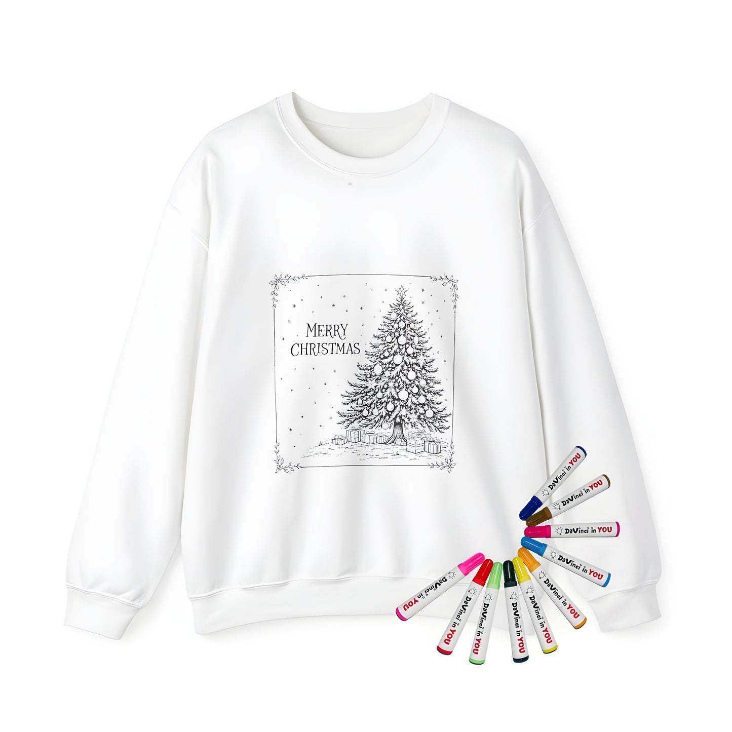 Adult Sweatshirt featuring a festive winter scene with a beautifully decorated Xmas tree surrounded by gifts, set in a snowy landscape and 'Merry Christmas' text. Perfect for holiday enthusiasts.