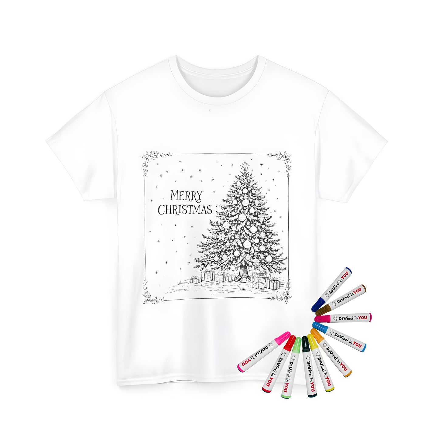 Unisex t-shirt with festive winter holiday design featuring a beautifully decorated evergreen fir tree surrounded by gifts, set in a snowy scene with 'Merry Christmas' text. For adults and kids.