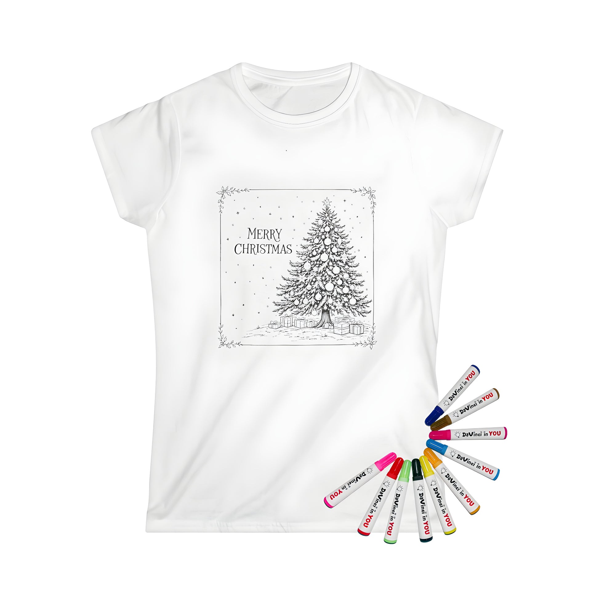 Women's t-shirt featuring a festive and colorful tree surrounded by gifts on a snowy scene